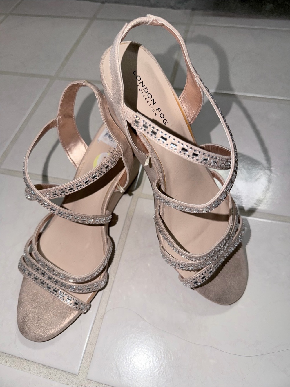 London Fog Champage/Lt Rose Gold Glitter Rhinestone Strappy Wedge Heels sz 9 NEW